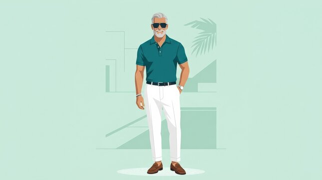 Stylish older man wearing dark sunglasses, teal polo shirt and white trousers, flat fashion illustration, pale mint background, confident stance, clean geometric forms, mature lifestyle and