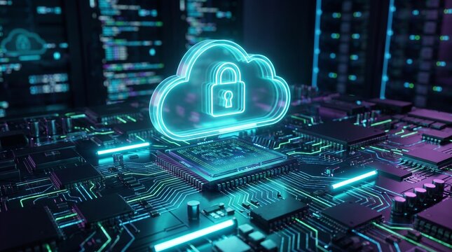 Glowing digital cloud icon with padlock floating above a high tech computer motherboard.