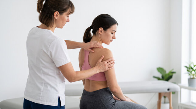 Young woman receiving manual shoulder and scapular assessment from a female physical therapist, physiotherapy, shoulder rehabilitation, back pain treatment, sports injury recovery, joint mobility, ort