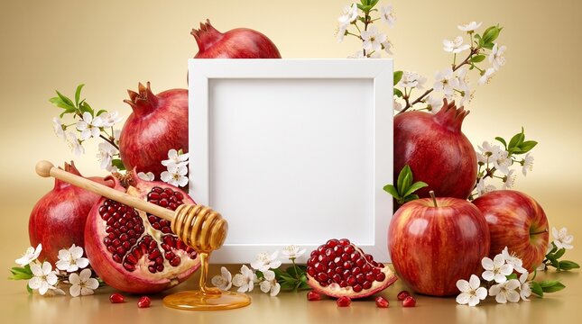 A blank white picture frame surrounded by fresh pomegranates and apples for seasonal food composition.