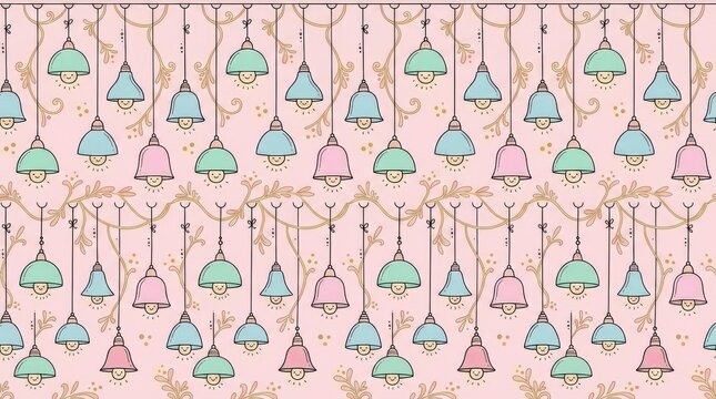 Seamless pattern of pastel hanging lamps with tiny smiling bulbs, cute minimalist illustration, soft pink background, mint green, baby blue and blush lampshades, thin black outlines, warm cream bulb
