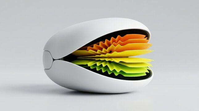 White rounded shell opening to reveal layered serrated fins in lime green, yellow and warm orange, premium biomorphic product CGI on a light gray background, smooth matte surfaces, compact side