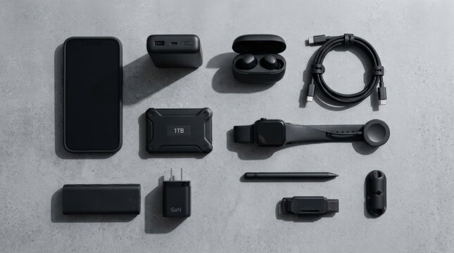 Collection of compact black electronic accessories arranged on a cool gray surface, technology flat lay photography, monochrome charcoal palette, precise shadows, organized composition and sleek