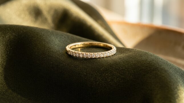 Slim gold ring with a row of sparkling diamonds resting on dark olive silk, sophisticated jewelry product photography, warm gold and moss-green palette, directional sunlight, rich fabric texture and
