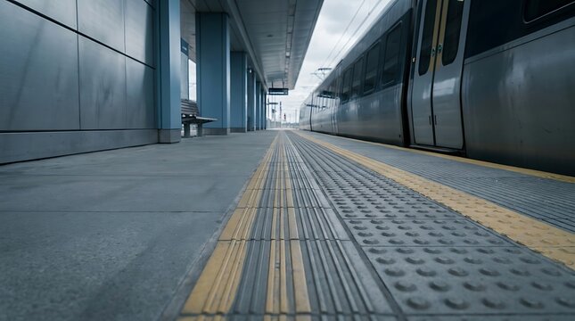 A clean, modern train station platform featuring prominent tactile paving, adjacent to a sleek transit vehicle, illustrating contemporary urban mobility and efficient public transport