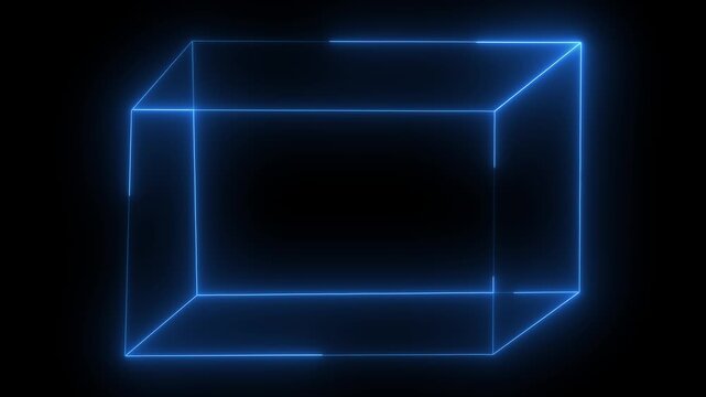 Glowing Blue Neon Center 2D Wireframe Cube Animated Background Loop for Content Creators, 4K UHD Cyberpunk Main Geometric Box Motion Graphic Overlay