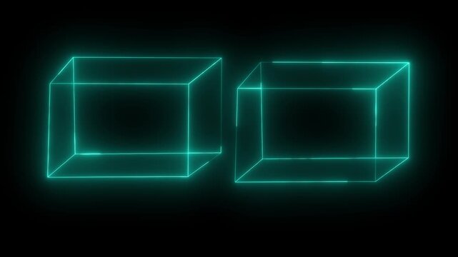 Neon glowing cubes floating in dark studio environment with copy space. Minimalist glowing wireframe cubes in motion against a black background