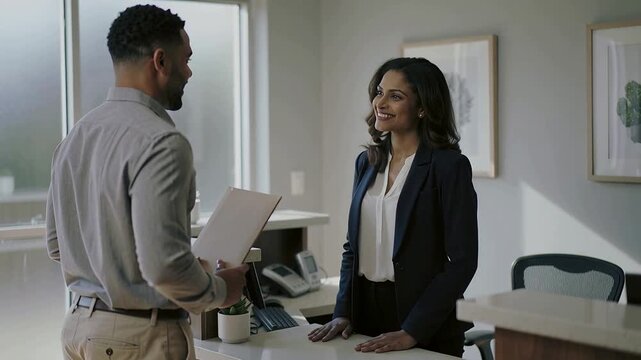 Extending receptionist in navy blazer handing manila folder at desk as man approaches, talking