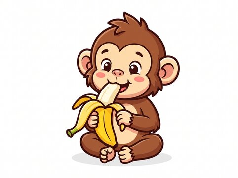 Cute Little Monkey Sitting and Eating Yellow Banana Cartoon Vector Illustration