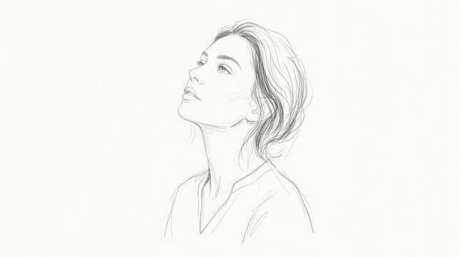 Minimal pencil portrait of a person tilting the face upward, thin gray linework on white, loose unfinished contours, contemplative expression, elegant fashion sketch with spacious clean composition.