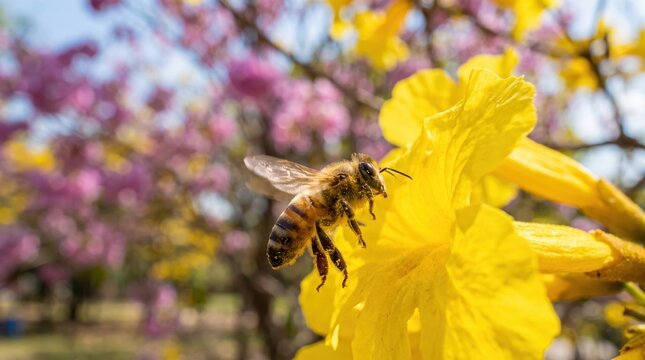 Honey Bee Pollinating Vibrant Yellow Flower