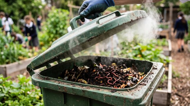 Compost bin with worms steaming in garden