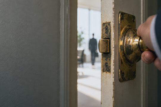 Hand opening a door to a bright office
