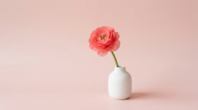 Single coral-pink flower in a small white vase on a blush pink seamless background, minimalist studio still life, soft diffused light, subtle shadow, romantic pastel palette, clean advertising