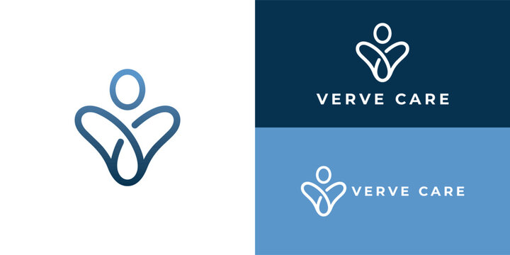 A smooth line-art logo featuring a blue gradient and a stylised figure with outstretched arms forming a heart. A warm and welcoming icon for an AI companion for older adults.