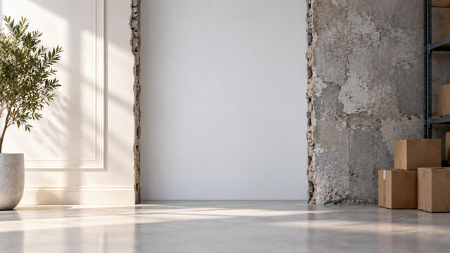 Contrasting finished and unfinished interior walls with cardboard boxes showing renovation and commercial property transformation
