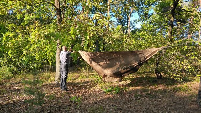 A male camper ties a brown rainfly tarp to a tree in the forest.