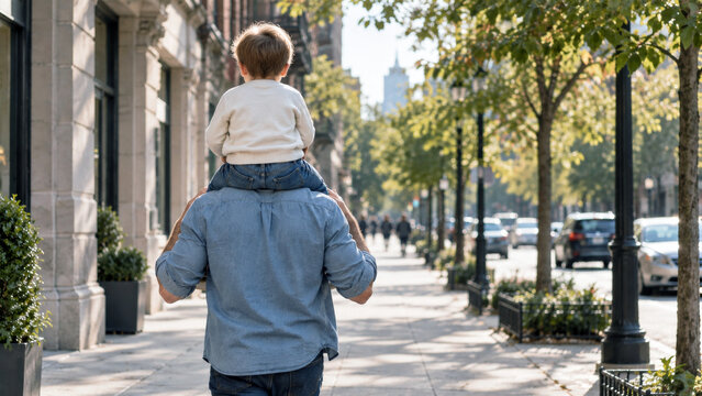 Father carrying a young child on his shoulders while walking along a sunny tree lined city street