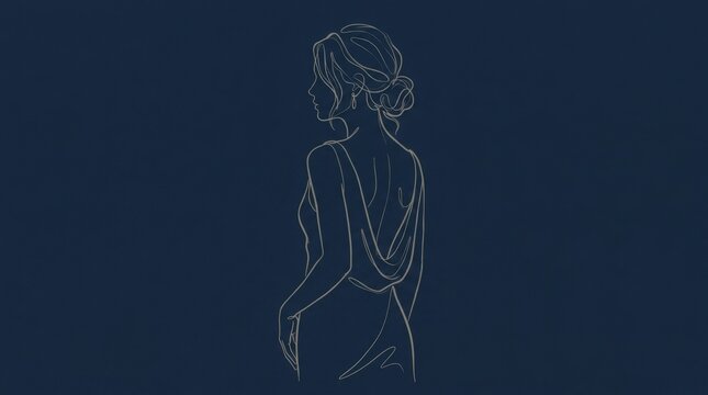 Elegant continuous-line drawing of a woman seen from the side and back, thin warm-gray outlines on a deep navy background, minimalist fashion illustration with loose hand-drawn contours, understated