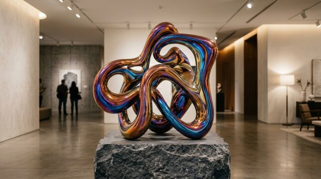 Abstract biomorphic sculpture with flowing irregular curves and iridescent metallic surfaces displayed on a stone pedestal, premium contemporary art photography, glossy rainbow reflections of copper,