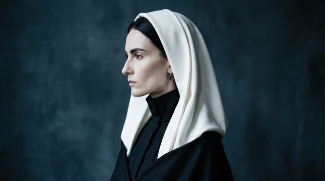 Pale woman in profile wearing a white hood or veil over a black high-neck garment, avant-garde fashion portrait, deep blue-gray background, cool soft light, sharp cheekbones and austere futuristic