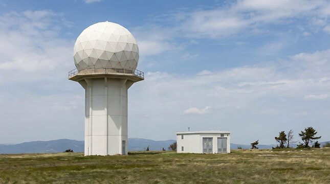 Modern weather radar station with white geodesic dome atop tower, monitoring atmospheric conditions, collecting vital data for precise forecasting in open landscape