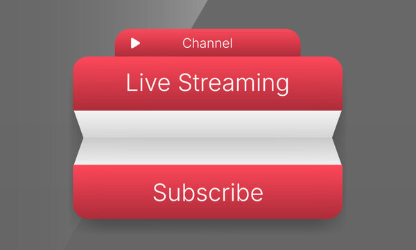 Red folded live streaming banner graphic with subscribe button and channel tab