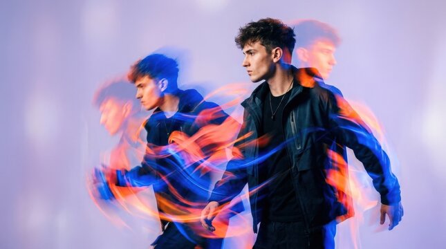 Young man in side profile surrounded by electric cobalt blue, coral and orange ghost images, pale lavender backdrop, intentionally blurred fashion portrait, strong color contrast and energetic