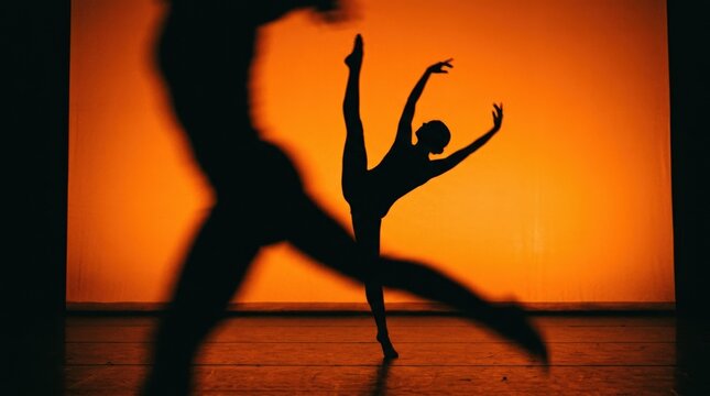 Female dancer performing an extreme standing leg extension in silhouette against a saturated orange backdrop, large blurred moving shadow crossing the frame, contemporary performance photography,