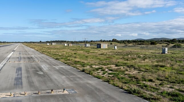 A long, weathered concrete runway extends into the distance, flanked by vast, dry landscape and small, utilitarian structures under a clear sky, suggesting a forgotten or disused airfield