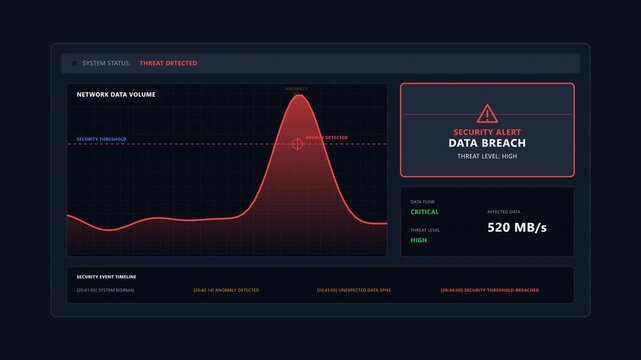 Premium enterprise cybersecurity motion graphic. Revised metrics panel with Data Flow and Threat Level stacked on the left, and a prominent Affected Data MB/s gauge on the right.
