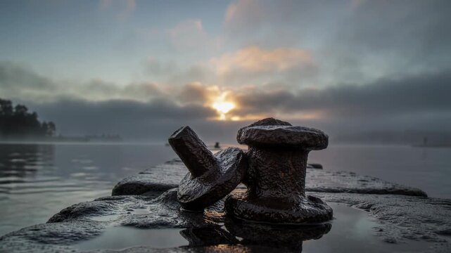 Sunrise brightening rusted mooring bollard catching sunrise colors at stone pier, with puddle glow
