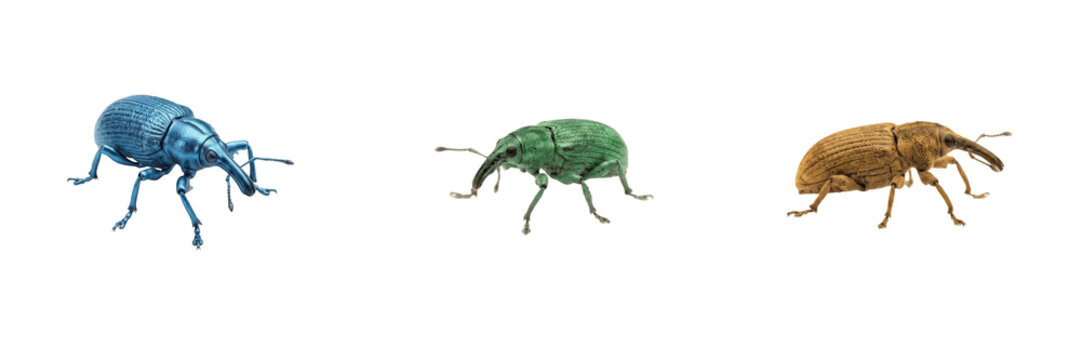 Weevils, metallic blue weevil, green snout beetle, and brown agricultural weevil isolated on white background, set of three snout beetles for agricultural and wildlife stock photography PNG use