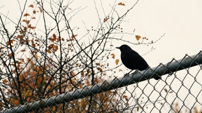 Black bird perched on a chain-link fence with delicate autumn branches behind it, minimalist wildlife photography, pale cream sky, subdued warm foliage, graphic silhouette and quiet urban-nature mood.