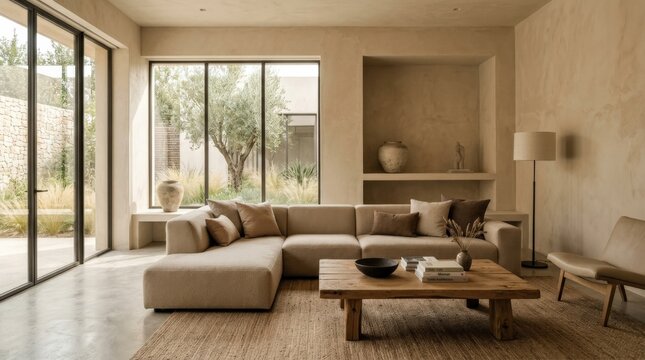 Monolithic beige living room with low seating and a chunky wood coffee table, softly textured plaster walls, warm natural daylight, subdued sand and brown palette, photorealistic minimalist