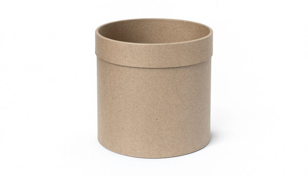 An empty round cardboard tube container standing against a clean white background.