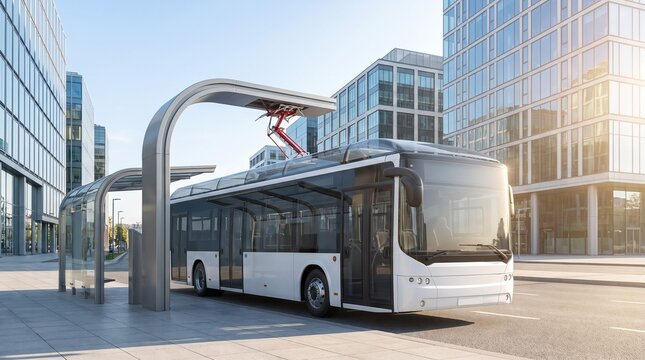 Modern electric bus charging at a city terminal station for sustainable urban transport.