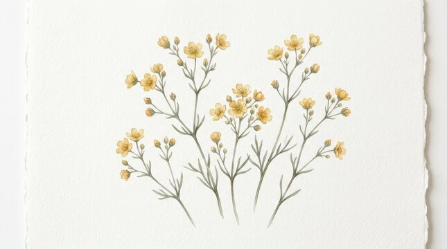 Delicate yellow wildflower sprigs arranged as a botanical study on white, airy hand-painted illustration with gray-green stems and soft golden blossoms, generous negative space, naturalistic