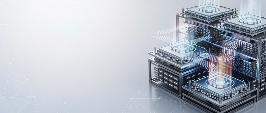 3D Render of All-Photonics Network APN Ecosystem Concept with Integrated Photonic Circuits and Data Center Infrastructure with Copy Space (21:9 Web Header)