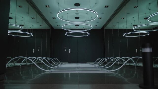 Pulsing central lights cycling pink highlights across lobby steps and rings, triggered by program
