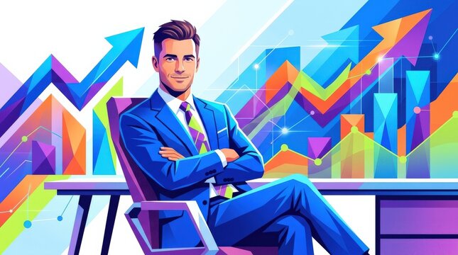 Confident business professional seated with abstract growth charts behind him, bold editorial vector illustration, electric blue, purple, orange and lime palette, exaggerated geometric shapes,