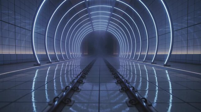 Pushing camera forward down glossy tiled corridor, revealing concentric LED rings, metal rails