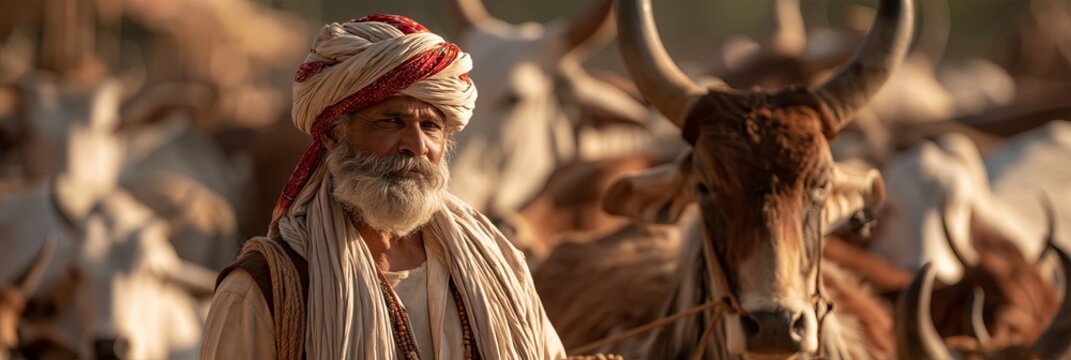 Man herder looking at camera with cattle. Older man wearing a turban and shawl, standing among his cattle