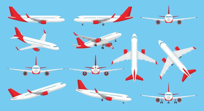Aviation travel themed element pack in flat style, commercial jetliners, passenger planes, wings, turbines, and runways