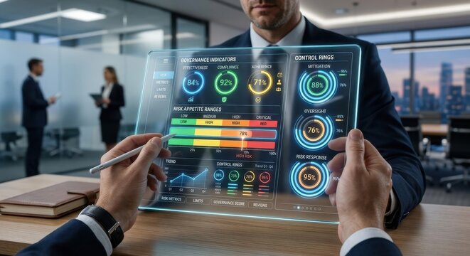 Hands holding transparent tablet with risk gauges, risk appetite governance, key risk indicators, executive oversight and analytics
