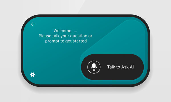 Teal AI voice assistant popup UI mockup showing microphone button and welcome prompt