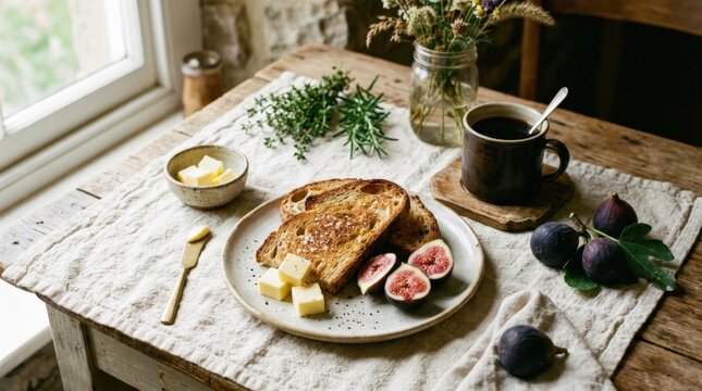 Rustic breakfast still life with toasted bread, butter cubes and ripe figs on cream fabric, food photography, warm brown, ivory and deep purple palette, soft daylight and artisanal farm-to-table
