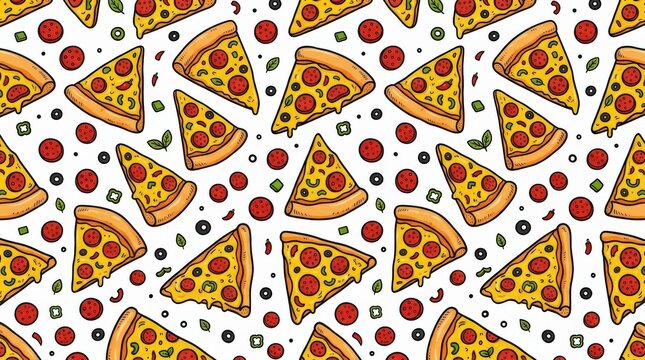 Seamless pattern of cartoon pizza slices and small pepperoni circles, bright doodle illustration, white background, golden cheese, red toppings and bold black outlines, cropped repeating motifs and