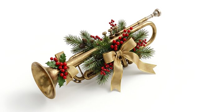 Christmas gift wrapped in brown paper with pine branches and berries isolated on white background