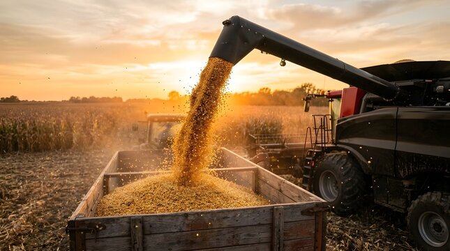 Combine harvester unloads corn kernels into wooden trailer during sunset agricultural harvest season.